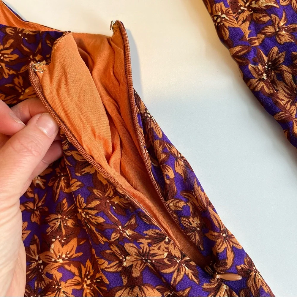 Lulus Dress Size Medium Purple Orange Floral Cutout Tie Front Balloon Sleeve - Picture 6 of 13